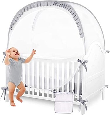 ZXPLO Baby Safety Crib Tent Infant Pop up Mosquito Net Nursery Bed Canopy Netting Cover - Keep Baby from Climbing Out with Hanging Diaper Storage Bag (Gray.