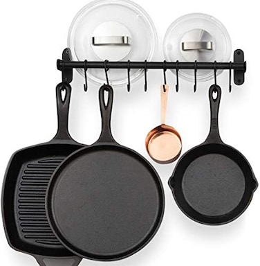 Wallniture Lyon Steel Kitchen Rail with 10 Hooks Wall Mount Pot Pan and Utensil Holder Rack 17" Frosty Black.