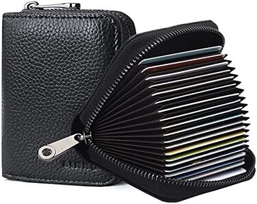 Linno RFID 20 Slots Credit Card Holder Genuine Leather Small Wallet for Women or Men with Zipper, Black, Fashion Accordion Card Case.