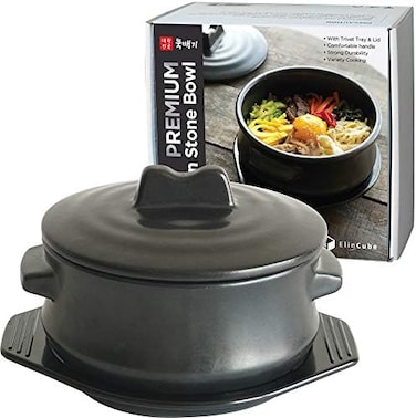 ElinCube Premium Korean Stone Bowl with LidPlatter, Clay Pot for Cooking Hot Pot Dolsot Bibimbap and Soup Cookware.