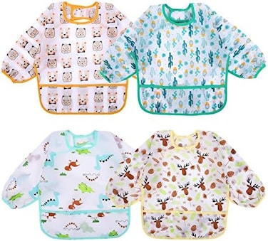 Accmor 4 Pack Long Sleeve Baby Bibs, Waterproof Sleeved Bib, Toddler Soft Bib for 6-36 Months.