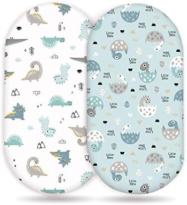 GRSSDER Stretch Ultra Soft Fitted Bassinet Sheet Set 2 Pack，Universal Cradle Sheet Set for Rectangle, Oval, or Hourglass Bassinet Pad/Mattress,Happy Dinosaurs for Girls and Boys.