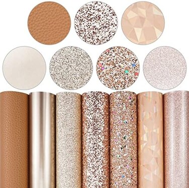 Litchi 7 Pieces/Set 8x12 Inch (21cmx30cmA4 Bundle Leather Sheets Mixed Rose Gold Series Sparkle Fine Chunky Glitter Patent Holographic Faux Leather Fabric for Bow Earring Making DIY Craft.
