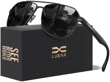 LUENX Aviator Sunglasses for Men Square Polarized Polygon Lens - UV 400 Protection with Accessories.