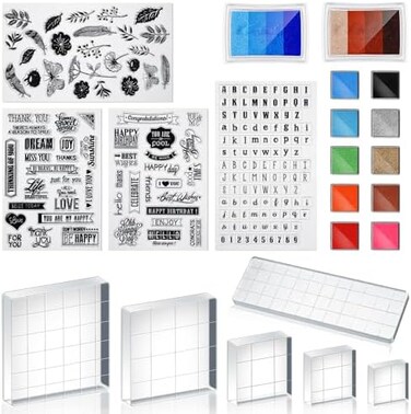 Zonon 22 Pieces Acrylic Stamp Blocks Tools Set Include 6 Stamp Blocks Acrylic Stamping Clear Block, 4 Transparent Silicone Clear Stamps Seal, 12 Craft Ink Pad Stamp Pad for Scrapbooking Card Making.