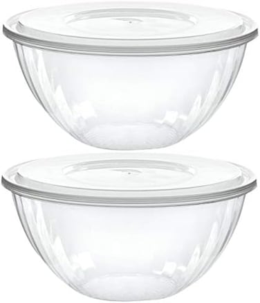 PLASTICPRO Disposable 48 Ounce Round Crystal Clear Plastic Serving Bowls With Lids, Party Snack or Salad Bowl, Chip Bowls, Snack Bowls, Candy Dish, Salad Container Pack of 2.