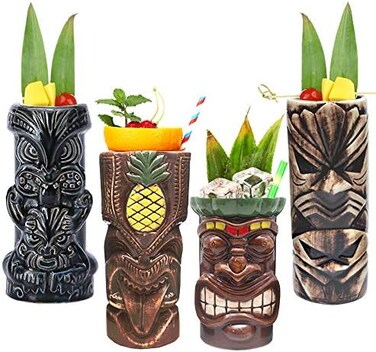 LINALL Tiki Mugs Cocktail Set of 4 - Large Tumblers Ceramic Hawaiian Luau Party Mugs Drinkware, Cute Exotic Cocktail Glasses, Tiki Bar Professional Hawaiian Party Barware, TKSET0005&hellip;.