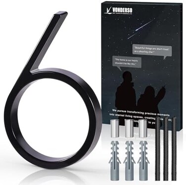 VONDERSO 5 Inch Floating House Number 6, Black Metal Modern Outdoor Address Sign for Yard Street and Mailbox, Zinc Alloy Solid Address Numbers and Letters with Exquisite Drawing Process.