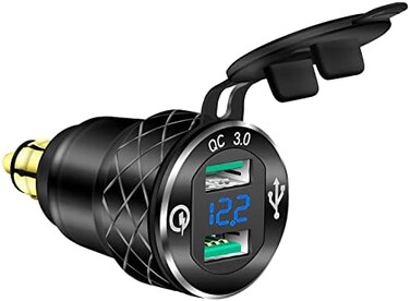 محول شاحن سيارة DAIERTEK DIN المصنوع من الألومنيوم المقاوم للماء بمقبس Powerlet 3.0 لدراجات BMW النارية مع مقياس فولتميتر LED أزرق - QC3.0.