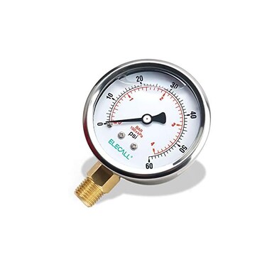 ELECALL 2-1/2" Glycerin Liquid Filled Air Pressure Gauge, 0-60Psi, 1/4&rdquo;NPT Lower Mount, Stainless Steel Case, Brass Internals, Water Pressure Gauge.