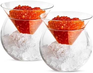KooK Glass Caviar Chiller Server Set, Serving Dish with Ice Holder, for Shrimp, Appetizers, Liquor, Martinis and Cocktails, Dishwasher Safe, 5 oz Bowl, Set of 2.