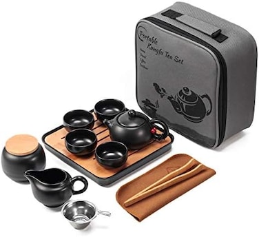 Lyty Travel Tea Pot Cup Set with Tray - Chinese Ceramic Tea Pot Infuser Porcelain Teapot for Adults, Portable Asain Ceramic Japanese Tea Set Gift Bag All in One for Outdoor Picnic Business Hotel - Bla