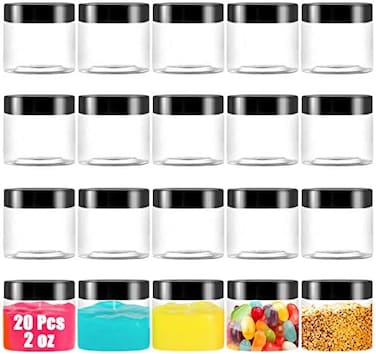 OJYUDD 20 Pack 2 oz Clear Plastic Round Slime Containers,Empty Plastic Storage Jars with Black Lids,Refillable Storage Container for Slime,Cosmetic,Cream,Paint,Jewelry.