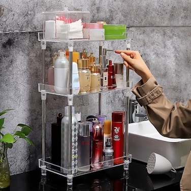 AfooBezos 3 Tier Acrylic Clear Bathroom Organizer Countertop Counter Vanity Tray Corner Shelf for Skincare Comestics.