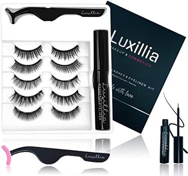 Luxillia Magnetic Eyelashes with Eyeliner 7 Piece Set, Most Natural Looking Magnetic Lashes Kit with Applicator, Best 8D, 3D Look, Reusable Fake Eye Lash, No Glue, Strongest Waterproof Liquid Liner.