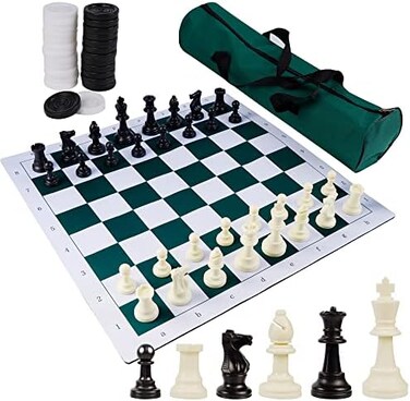 Juegoal 20" Portable ChessCheckers Set, 2 in 1 Travel Board Games for Kids and Adults, Folding Roll up Chess Game Sets, Extra 26 Checker Pieces, Tournament Thick Mousepad Mat with Storage Bag.