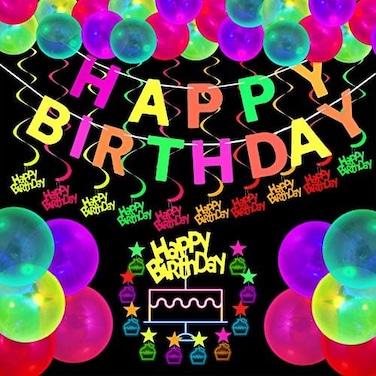 Sumind Glow Party Supplies Neon Party Supplies Set Glow in the Dark Happy Birthday Banner with UV Black Light Reactive Cake Topper Swirls Neon Fluorescent Latex Balloons Neon Stars for Birthday Glow P