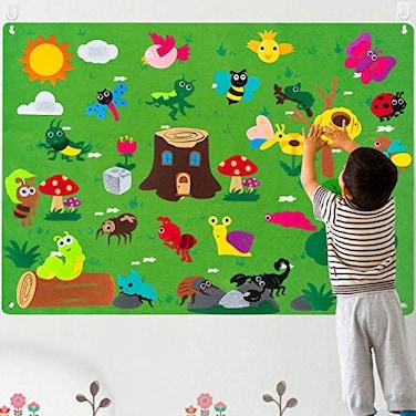 WATINC Insect Teaching Felt Board Story Set 3. 5 Ft 45Pcs Preschool Bug Animals Caterpillar Bee Butterfly Dragonfly Storytelling Flannel Early Learning Play Kit Wall Hanging Gift for Toddlers (Green.