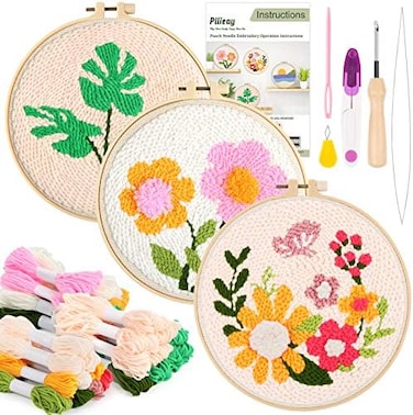 Pllieay 3 Set Punch Needle Embroidery Starter Kits Include Instruction, Punch Needle Fabric with Pattern, Yarns, Embroidery Hoops for Rug-PunchPinch Needle.