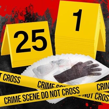 Tapix Evidence Markers Crime Scene Kit - Includes 25 Evidence Markers Tents, 25 Crime Object Cards, 100ft Crime Scene Do Not Cross Barricade Tape.