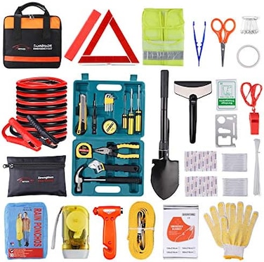 Vetoos Car Roadside Emergency Kit with Jumper Cables, Auto Vehicle Safety Road Side Assistance Kits, Winter Car Kit Essentials for Women and Men, with Car Repair Tool Set, Folding Survival Shovel.