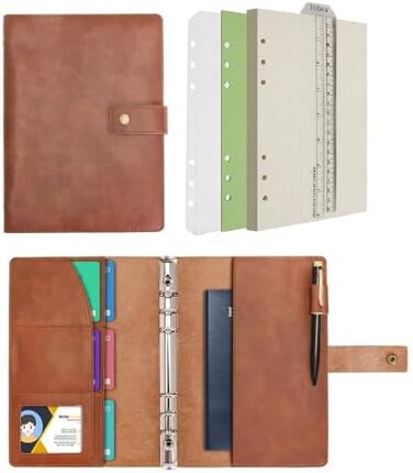WONDERPOOL Leather Diary Refillable Notebook Spiral Journal Binder Portfolio - A5 Dot Grid PaperInner Pockets for Travel Work and Personal Organizer (Coffee, A5.