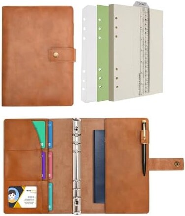 Wonderpool Binder Leather Travel Journal Set with Dot Grid Paper- Spiral Diary Refillable Notebook with Real Leather Inner Pockets for Man Woman (Brown, A5.