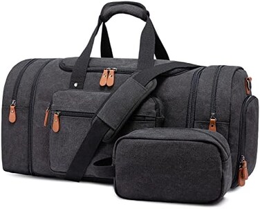 Sucipi Canvas Travel Duffel Bag Weekender Bag with Shoe Compartment Overnight Bag Carry on Bag for airplanes with Toiletry Bags for Men, Dark Grey, No Wheel.