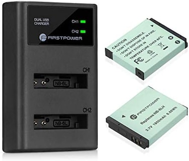 بطاريات FirstPower NB-6LH NB-6L المزدوجة وشاحن USB مزدوج متوافق مع Canon Powershot S120 و SX510 HS و SX280 HS و SX500 is و SX700 و D20 و S90 و D30 و ELPH 500 و SX270 و SX240 و SX520.