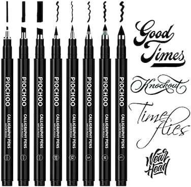 Piochoo Calligraphy Pens,Hand Lettering Pens,8 Size Calligraphy Brush Pen Set for Lettering,Beginners,Artists,calligraphy markers,Soft and Fine Tip,Black Ink Drawing Pens for Scrapbooking,Sketching.