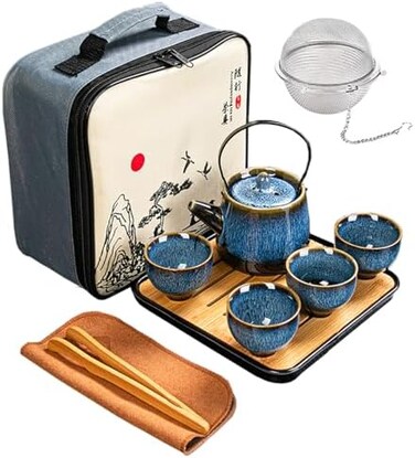 No/Brand Ceramic Kungfu Tea Set,Chinese Tea Set,Contains Tea Tray and Bag,Tea Sets for Women/Man/Adults,Suitable for Parties and Travel,with Tea Strainer-Stainless.