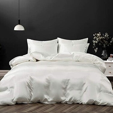 P Pothuiny 5 Pieces Satin Duvet Cover Full/Queen Size Set, Luxury Silky Like Ivory White Duvet Cover Bedding Set with Zipper Closure, 1 Duvet Cover4 Pillow Cases (No Comforter.