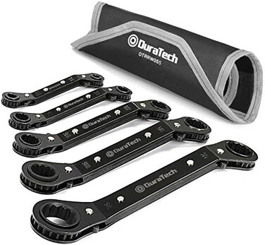 DURATECH 5 Pc Double Offset Box End Reversible Ratcheting Wrench Set, SAE, Heavy-duty, Matte Chrome Plated, Ratchet Spanner Crooked for Narrow Spaces (1/4 - 7/8 inch.