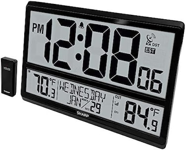 SHARP Atomic Clock - Never Needs Setting. &ndash;Easy to Read Numbers - Indoor/Outdoor Temperature, Wireless Outdoor Sensor - Battery Powered - Easy Set-Up. (4" Numbers.