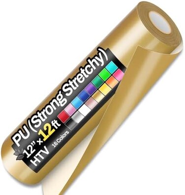 Sooez 12" x 12ft Heat Transfer Vinyl Rolls, PU (Strong StretchyHTV Vinyl Gold for Shirts, Iron on Vinyl for All Cutter Machine, Easy to CutWeed for DIY Heat Vinyl Design, Matte Finish.