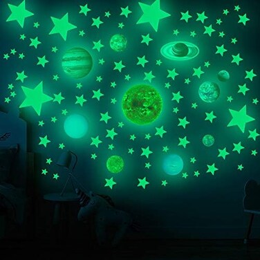 MLM Glow in The Dark Stars and Planets Solar System Wall Decals, 110PCS Glowing Ceiling Spaceship Stars Wall Stickers, Best Gift for Kids Bedding Room Nursery Home Decoration Party Birthday(Small Size