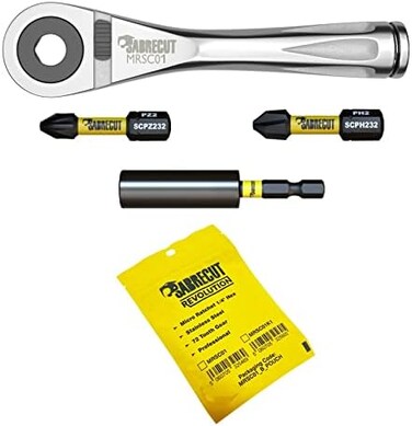 SabreCut 4 Piece MRSC01K1 Mini Micro Ratchet 1/4" Hex Stainless Steel Professional 72 Tooth Gear Hand Ratchet Wrench with 32mm PH2 PZ2 Screwdriver Impact Bits and a Magnetic 60mm Impact Bit Holder.