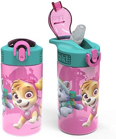 Zak Designs Kids Durable Plastic Spout Cover and Built-in Carrying Loop, Leak-Proof Water Design for Travel, (16oz, 2pc Set, Paw Patrol Skye Bottle 2pk.