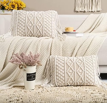 Homesunshine Macrame Lumbar Pillow Cover-Set of 2 with Tassels Rectangualr Cushion Covers Boho Throw Pillow Cover for Couch, Sofa, Bed, Farmhouse, Chair, Dining, Patio, Outdoor, car (B.