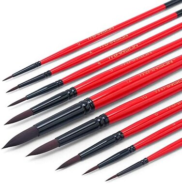 Transon Artist Round Watercolour Paint Brush Synthetic Sable Set 9pcs for Acrylic, Gouache, Oil, Tempera, Enamel and Face Painting.