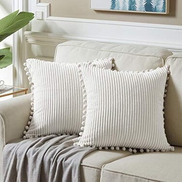 Fancy Homi 2-Pack Cream Corduroy Pom Pom Throw Pillow Covers, 18x18 Inch.