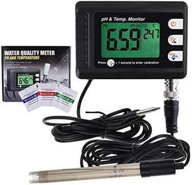 TEKCOPLUS 2 in 1 Temperature pH Monitor Meter Tester Sensor test Kit 0~14 pH Automatic Calibration BNC electrode Probe for Hydroponic ph Aquarium Meter Water Lab Food Drinking Water pH of Saltwater/Se