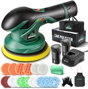 BATOCA Car Polisher - Cordless, Variable Speed, Random Orbital Polisher Kit with Green Polishing Bonnets, Detachable Handle, Discs, Foam Pads, Hex Wrench, User Manual.