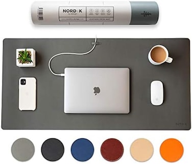 Nordik By Design Nordik Leather Desk Mat Cable Organizer (Alaskan Gray 35 X 17 inchPremium Extended Mouse Mat for Home Office Accessories - Non-Slip Vegan Leather Desk Pad ProtectorDesk Blotter Pad.