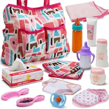 Bakatatoyz 14 Pack Baby Doll Accessories, Baby Doll Feeding and Caring Set Includes Diaper Bag, Doll Diapers, Magic Bottle, Changing Mat for Girl Toddler Kid, Babies Pretend Play Set for Birthday Gift