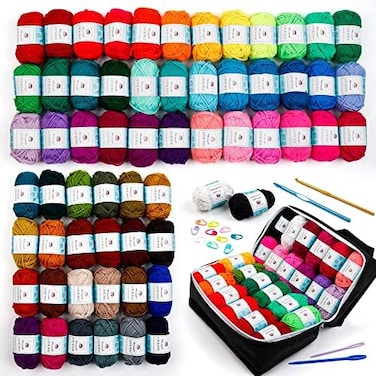 INSCRAFT 62 Acrylic Yarn Skeins, 2170 Yards Yarn for Knitting and Crochet, Includes 2 Crochet Hooks,2 Weaving Needles,10 Stitch Markers, Perfect Beginner Kit for for Adults Kids.