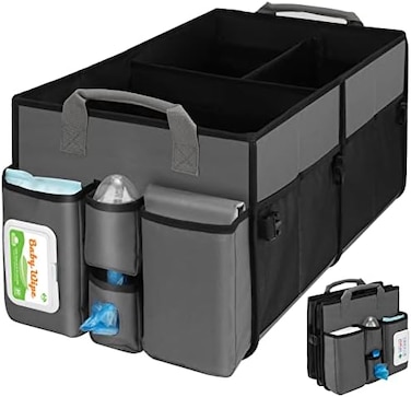 ORIENT FAMULAY Collapsible Trunk OrganizerDiaper Changing Station, Baby Diaper Caddy Organizer with Movable Dividers, Easy-to-Reach for Back Seat Travel Car Organizer, Waterproof Car Trunk Organizer G