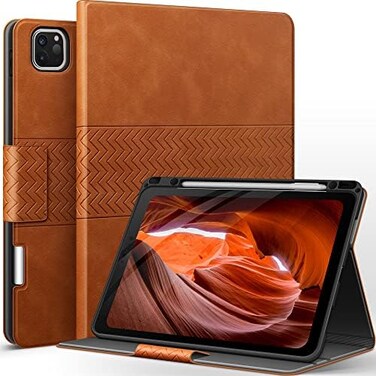 auaua iPad Pro 12. 9 2022 case, 6th/5th/4th/3rd Generation Stand Cover with Pencil Holder, Auto Sleep/Wake, Vegan Leather (Brown.