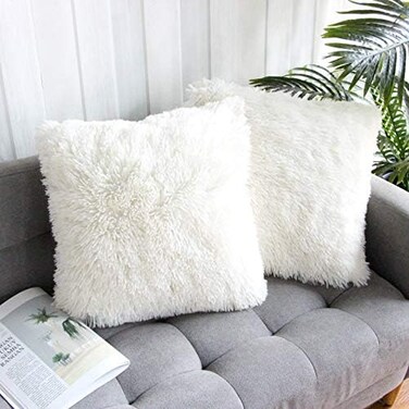 Uhomy 2 Packs Fall Winter Home Decorative White Fluffy Plush Pillow Cover 20"x20", Luxury White Faux Fur Throw Pillow Case Square Cushion Pillow Cover for Sofa Bed,Zippered True White 50x50 cm.