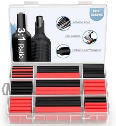 ELECFUN Waterproof Heat Shrink Tubing Kit 365 pcs, 3:1 Dual Wall Tube - Adhesive Lined - Marine and Industrial Heat-shrink Tubing Black/Red, 7 Sizes.